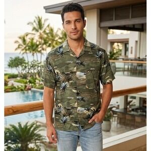Utopia Washable Silk Hawaiian Shirt Mens XL Green Tropical Palm Tree Aloha Beach